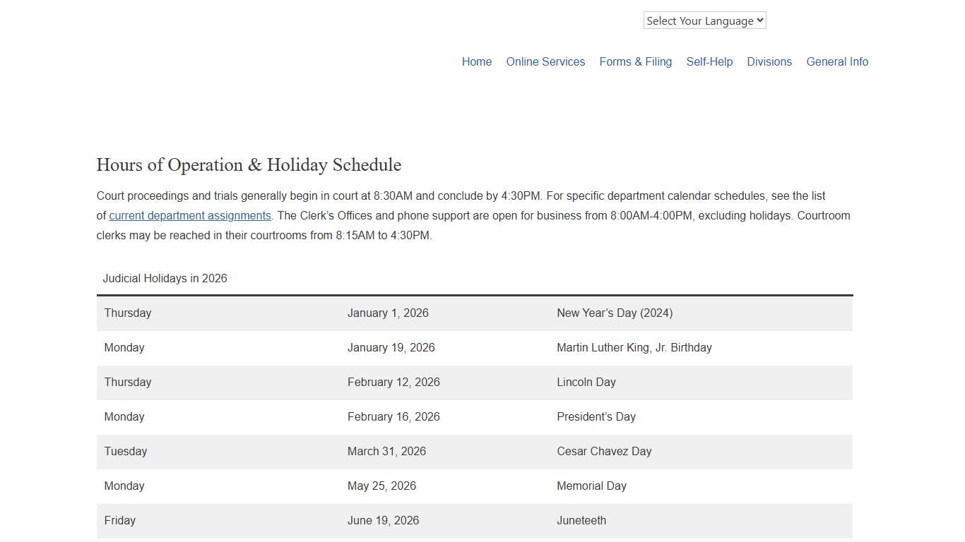 Hours of Operation & Holiday Schedule – Superior Court of CA – County of San Joaquin