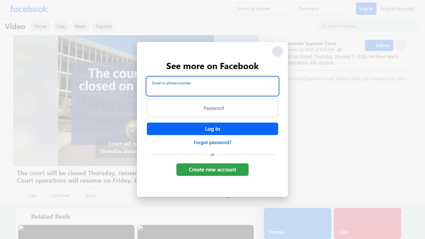 The court will be closed Thursday, January 1, 2026, for New Year's Day. Court operations will resume on Friday, January 2, 2026. | Sacramento Superior Court | Facebook