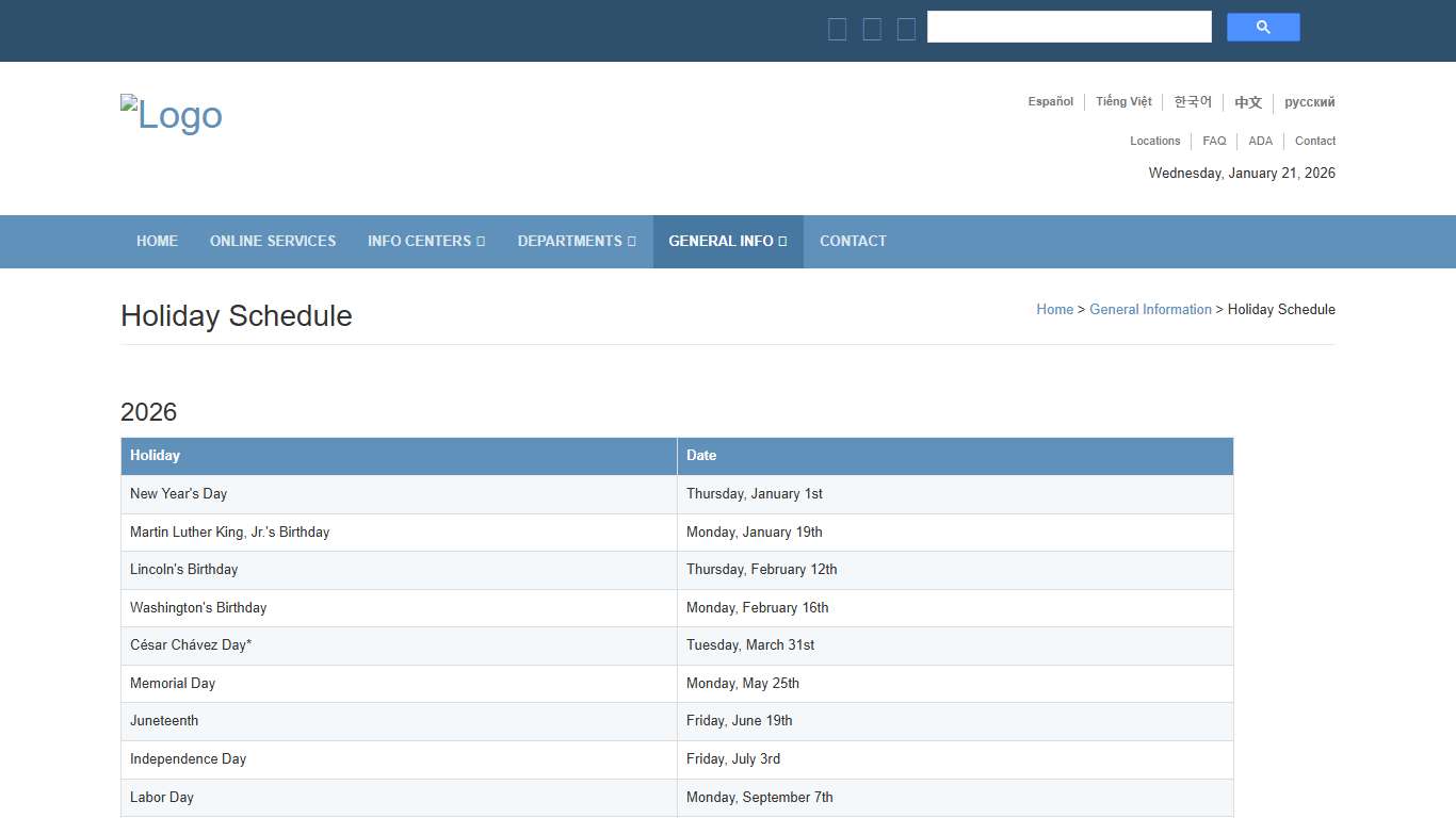 Court Holiday Schedule: Sacramento Superior Court